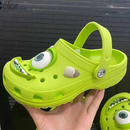 zero2cart bright green cartoon alien EVA pull-on slippers with a large eye and teeth design for casual indoor wear