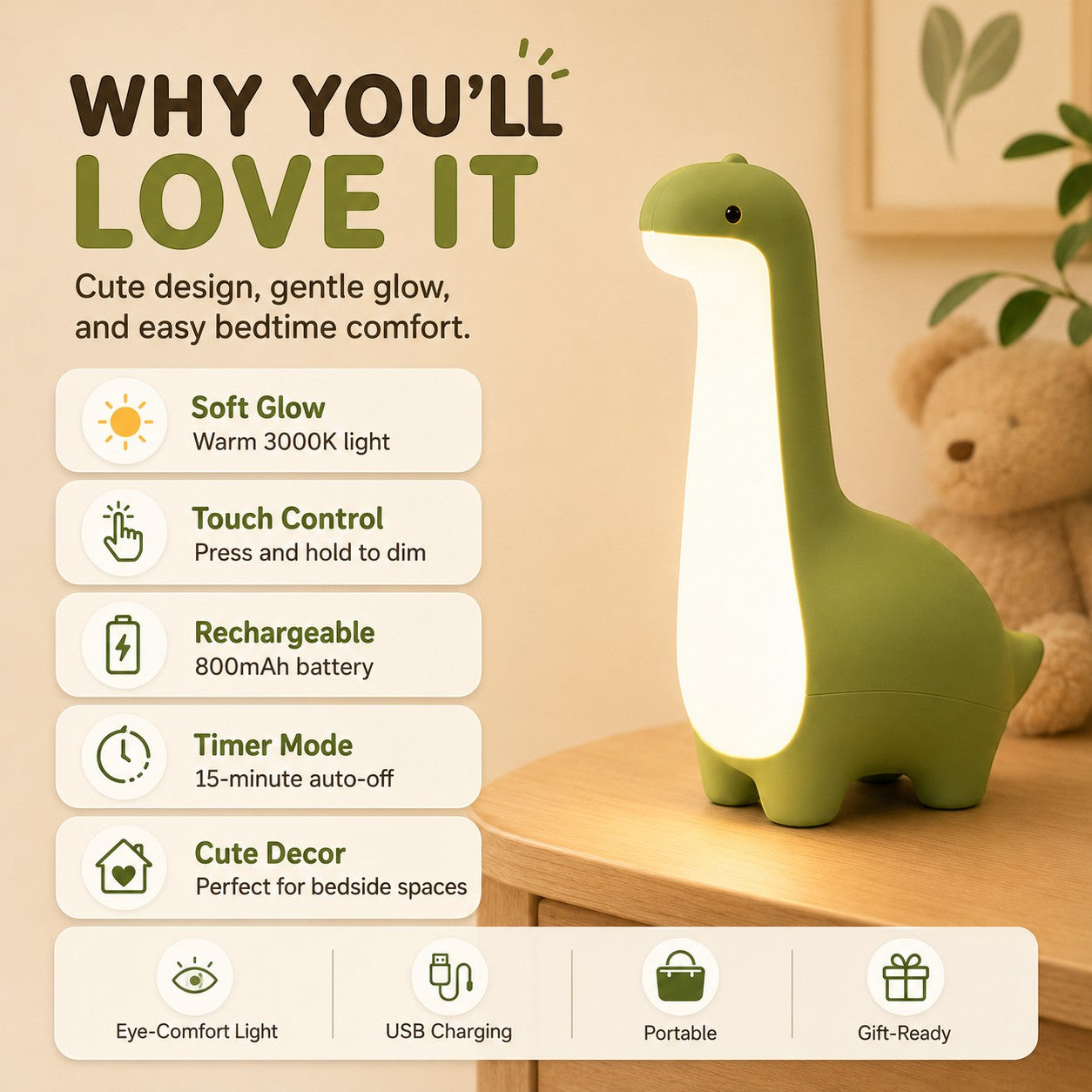 zero2cart green dinosaur night light for kids with touch control and warm LED glow on a wooden bedside table