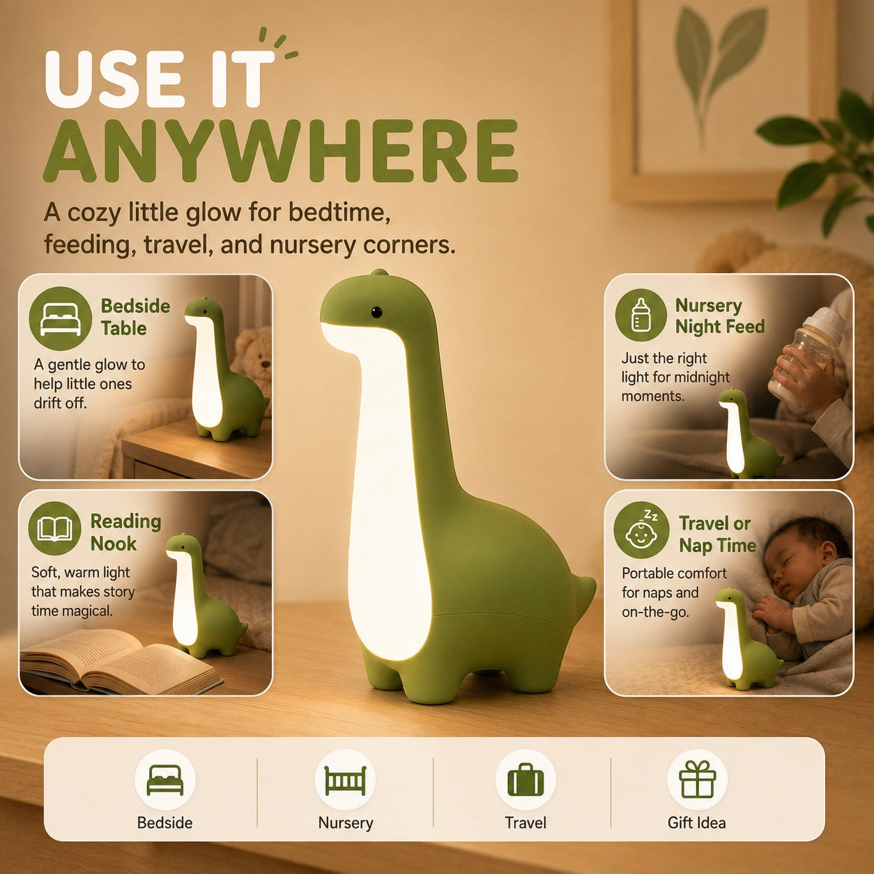 zero2cart green dinosaur night light for kids with warm LED glow, touch control, and portable rechargeable design