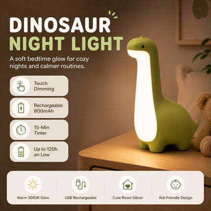 zero2cart green dinosaur night light for kids with touch dimming and warm glow on a wooden bedside table