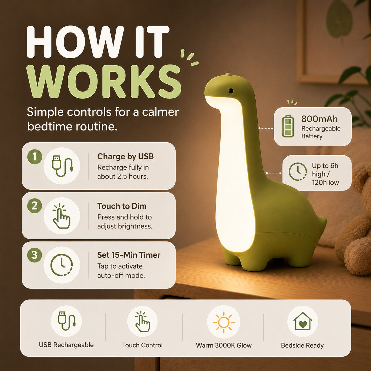 zero2cart green dinosaur night light for kids with touch control, timer, and warm LED glow on a bedside table