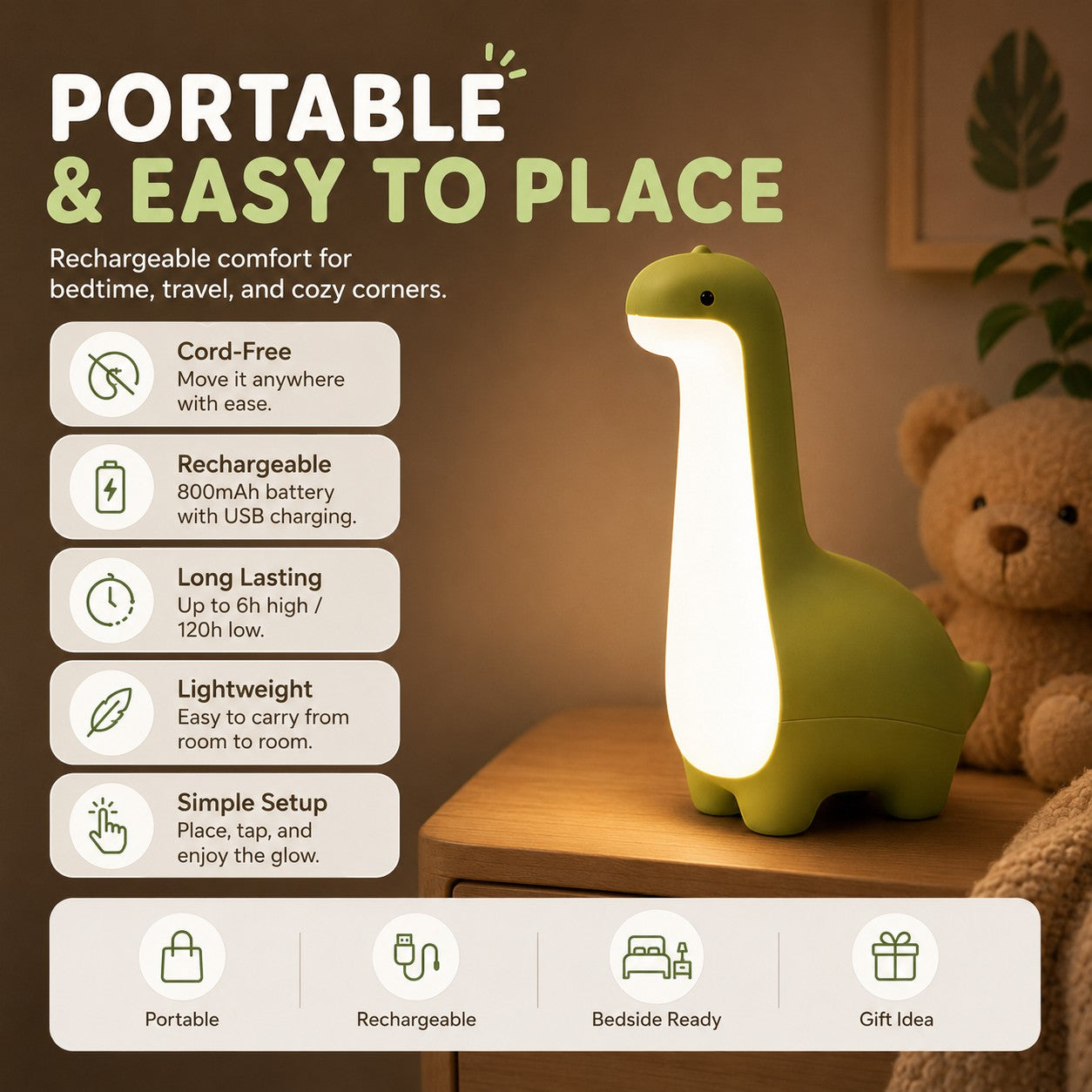 zero2cart green dinosaur rechargeable night light with warm glow on a wooden bedside table next to a teddy bear