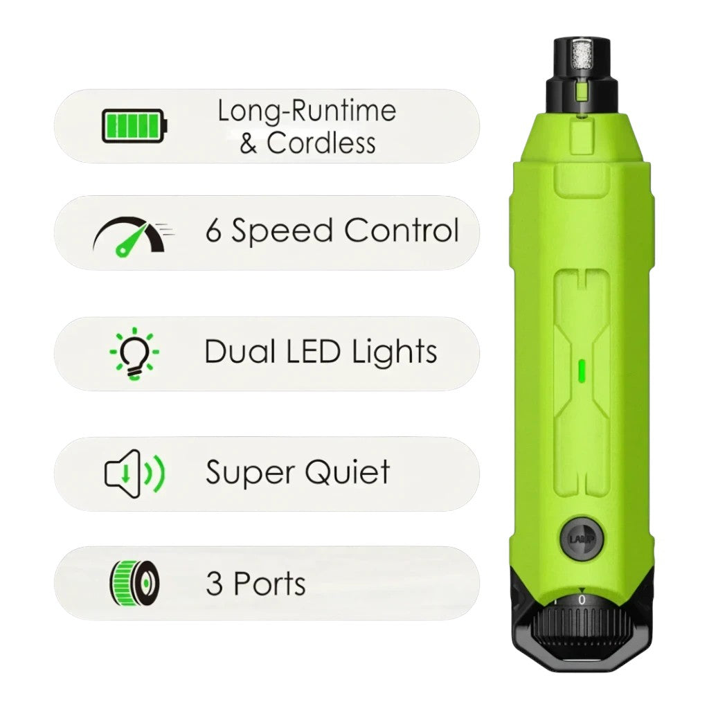 zero2cart rechargeable 6-speed dog nail grinder in lime green with LED lights and 3 ports for quiet pet grooming
