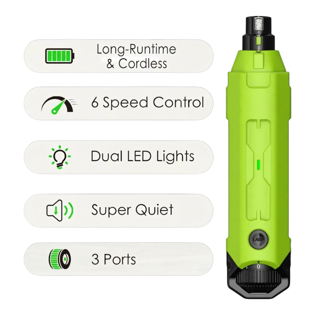 zero2cart rechargeable 6-speed dog nail grinder in lime green with LED lights and 3 ports for quiet pet grooming