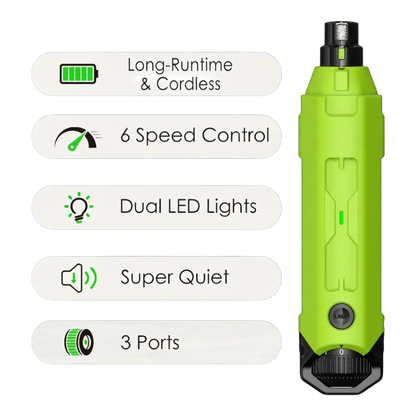 zero2cart rechargeable 6-speed dog nail grinder in lime green with LED lights and 3 ports for quiet pet grooming