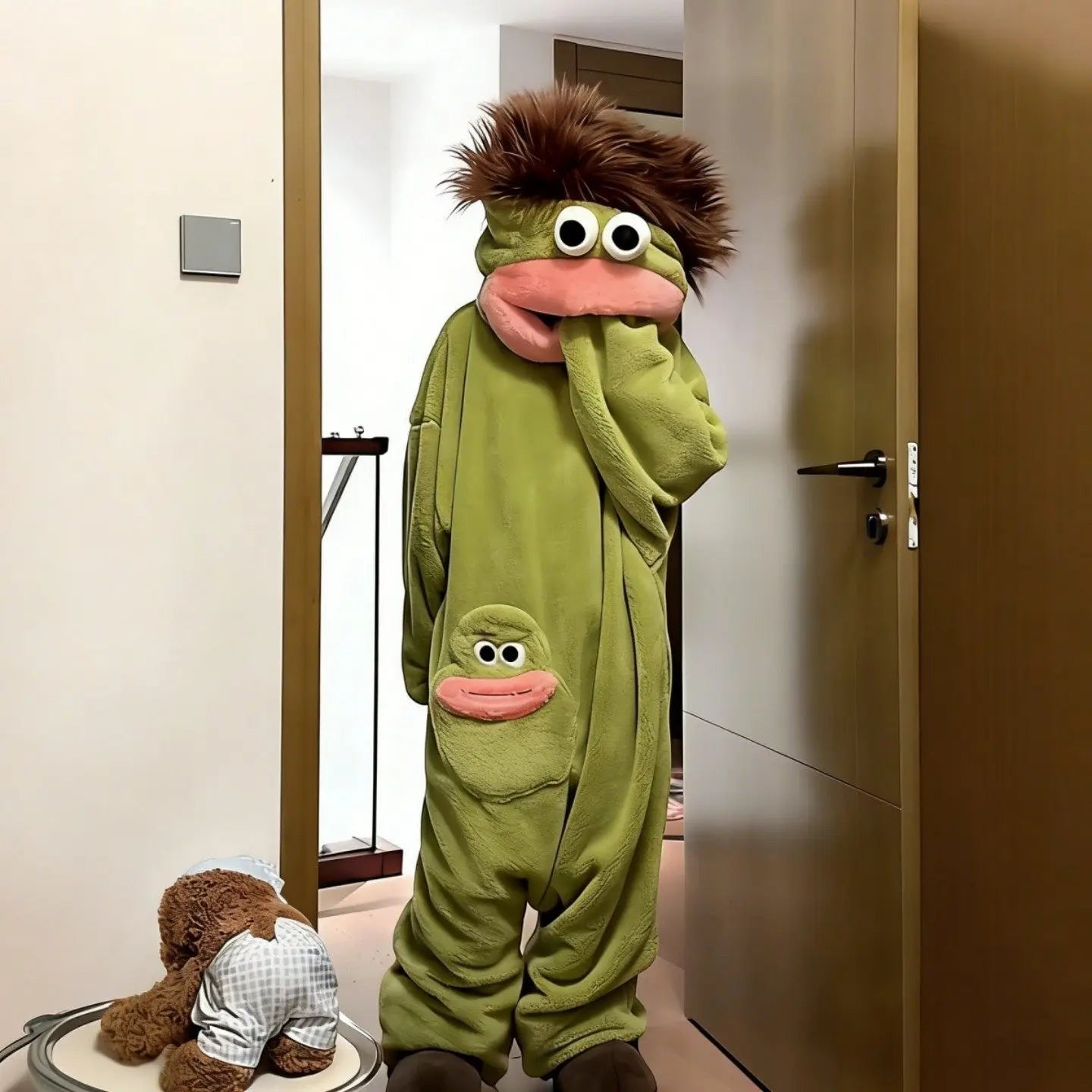 zero2cart green monster fleece onesie pajamas with brown hair and a character face pocket for adults