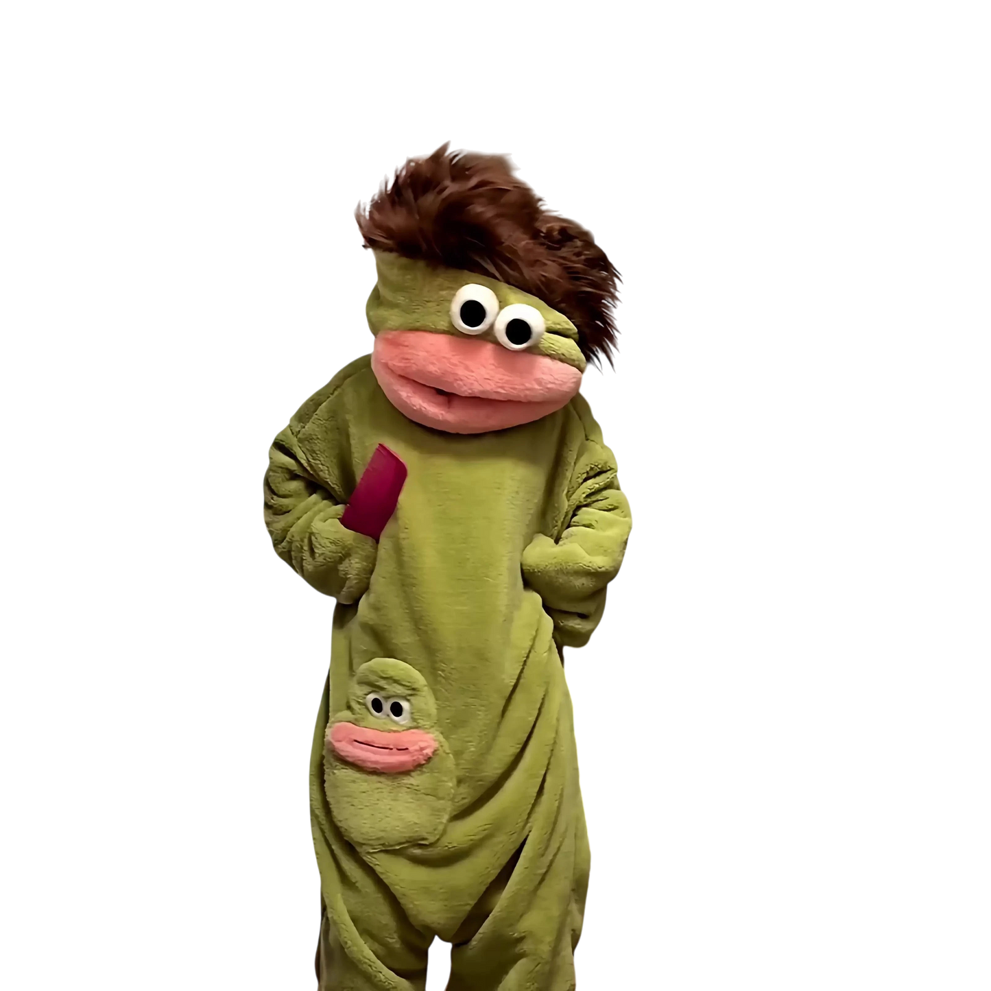 zero2cart green monster fleece onesie pajamas with a pink mouth, large eyes, brown hair, and a front pouch pocket