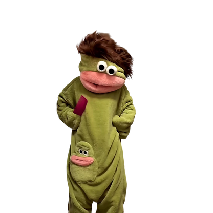 zero2cart green monster fleece onesie pajamas with a pink mouth, large eyes, brown hair, and a front pouch pocket