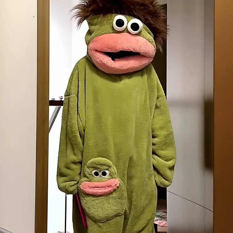 zero2cart green monster fleece onesie pajamas with a large character hood and a small monster pocket detail