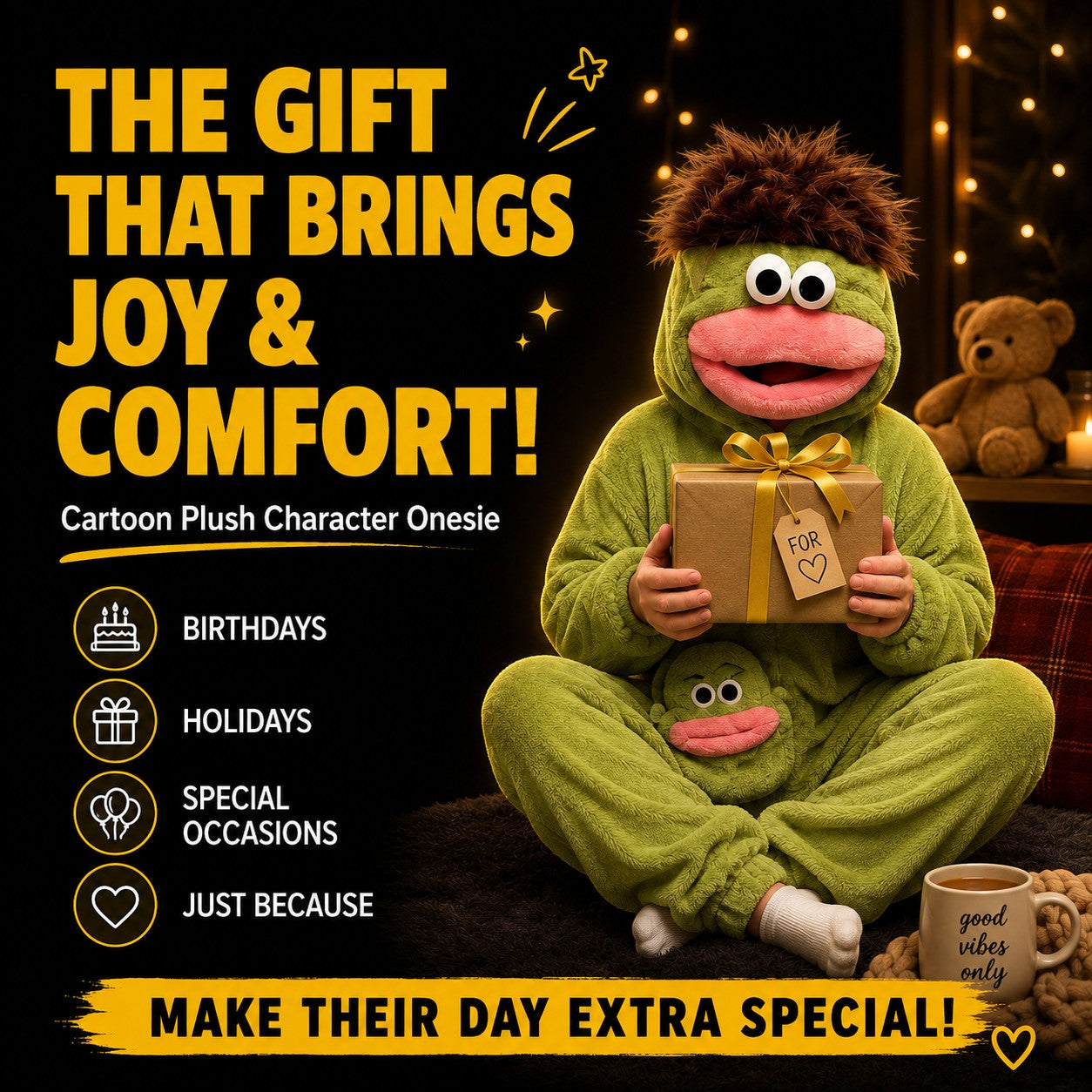 zero2cart green monster fleece onesie pajamas with a brown fuzzy hood, worn by a person holding a gift box.