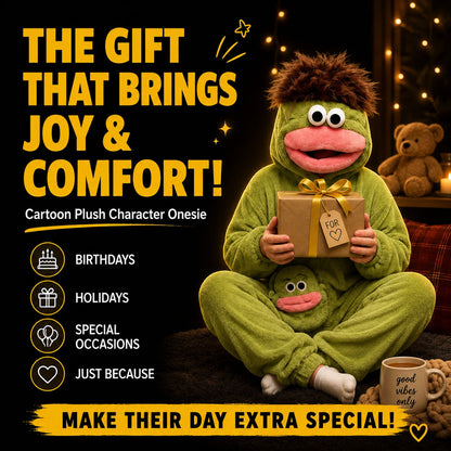 zero2cart green monster fleece onesie pajamas with a brown fuzzy hood, worn by a person holding a gift box.