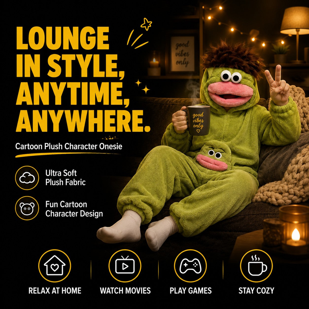 zero2cart green monster fleece onesie pajamas with a pink mouth and brown hair, worn by a person holding a mug