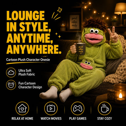 zero2cart green monster fleece onesie pajamas with a pink mouth and brown hair, worn by a person holding a mug