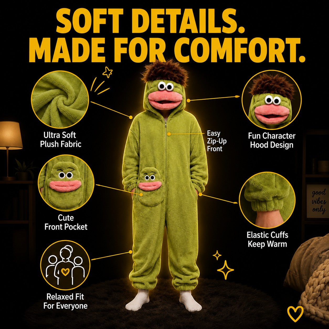 zero2cart adult monster fleece onesie pajamas in green with a character hood, front pocket, and soft plush fabric.