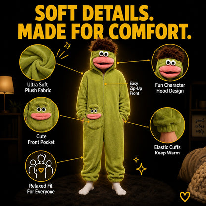 zero2cart adult monster fleece onesie pajamas in green with a character hood, front pocket, and soft plush fabric.