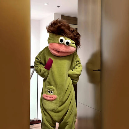 zero2cart green monster fleece onesie pajamas with a pink mouth, brown hair, and a small pouch pocket on the front