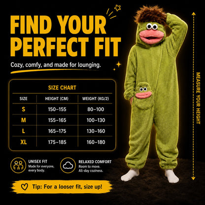 zero2cart green monster fleece onesie pajamas with a character hood and pocket, worn by a person on a size chart background