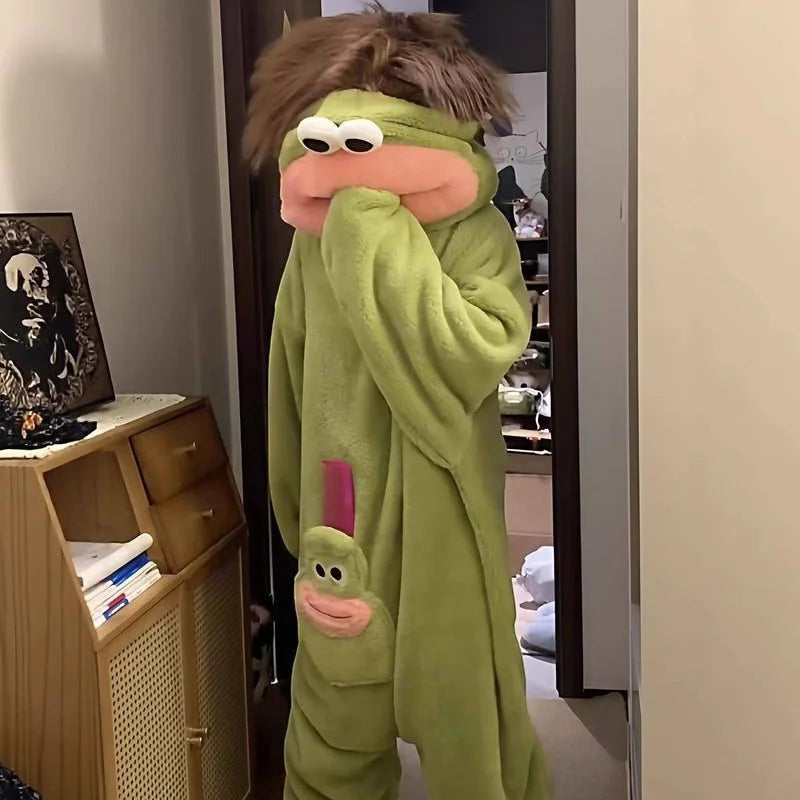 zero2cart green monster fleece onesie pajamas with large googly eyes and a plush character hood for adults