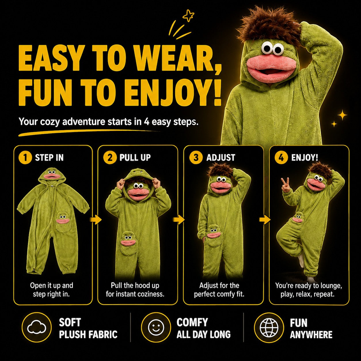 zero2cart green monster fleece onesie pajamas for adults with a hood, showing four steps for wearing and lounging.