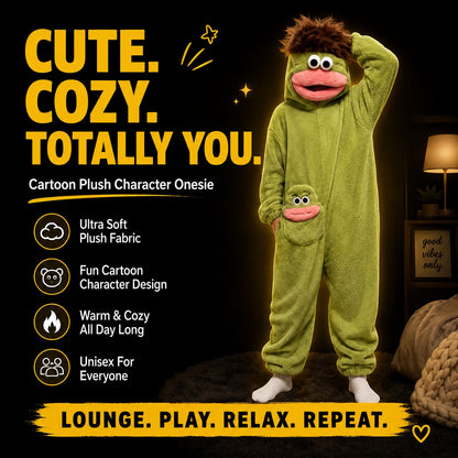 zero2cart green monster fleece onesie pajamas with a brown hair hood and a cute character pocket on the front