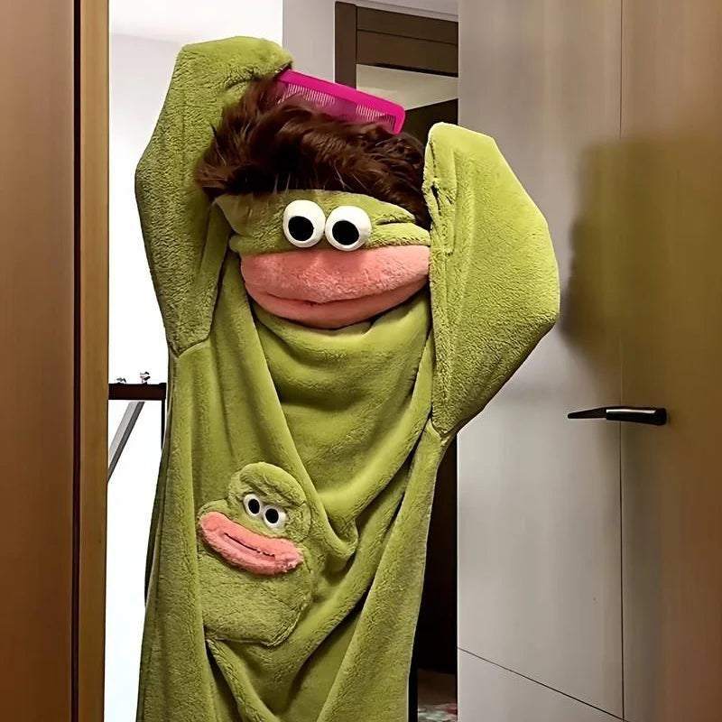 zero2cart green monster fleece onesie pajamas with a brown hair wig and pink comb for a playful adult costume
