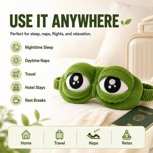 zero2cart green plush frog sleep eye mask with large cartoon eyes for travel, naps, and relaxation.