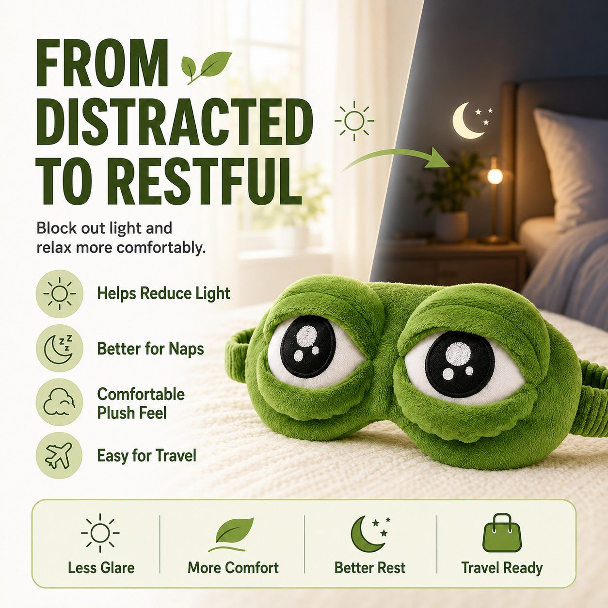 zero2cart green plush frog eye mask with large cartoon eyes for comfortable sleep, naps, and travel relaxation.