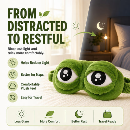 zero2cart green plush frog eye mask with large cartoon eyes for comfortable sleep, naps, and travel relaxation.