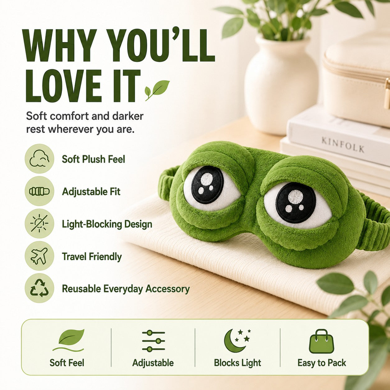zero2cart green plush frog eye mask with adjustable strap for comfortable sleep and travel light blocking
