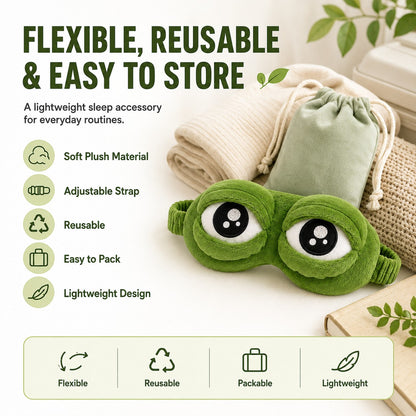 zero2cart green plush frog sleep eye mask with adjustable strap and matching drawstring storage pouch
