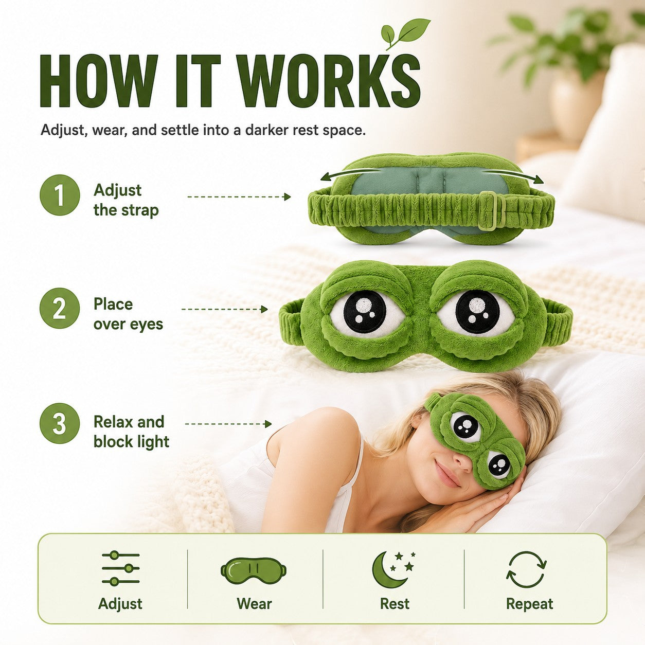 zero2cart green plush frog sleep eye mask with adjustable strap shown on a model for light-blocking comfort