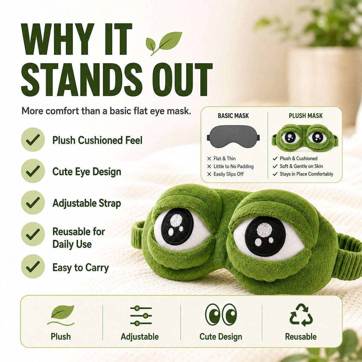 zero2cart green plush frog sleep eye mask with adjustable strap and cute cartoon eyes for comfortable travel rest