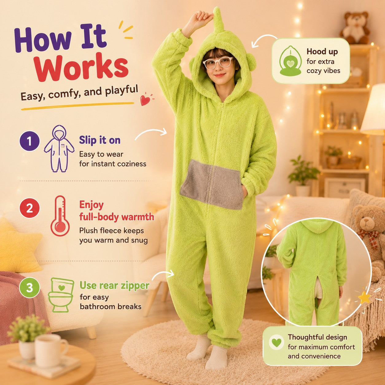 zero2cart green plush hooded onesie pajama with rear zipper for easy wear, shown on a model in a cozy room