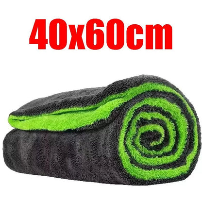 zero2cart large microfiber car drying towel in grey and neon green with a thick double-layer absorbent texture