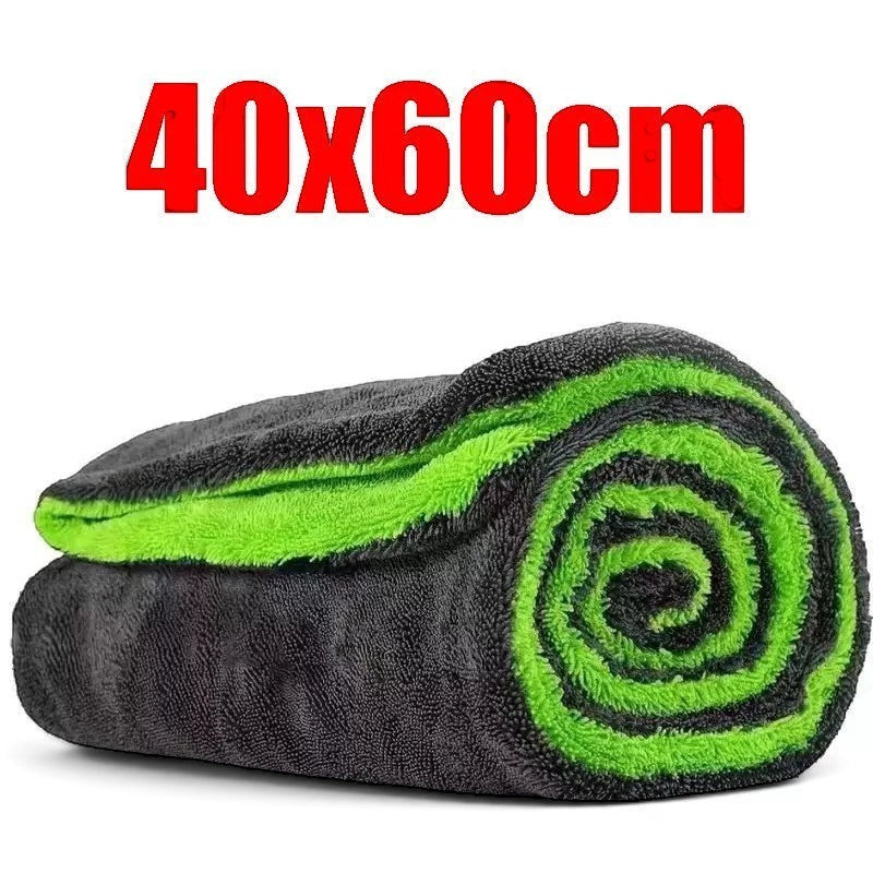 zero2cart large microfiber car drying towel in grey and neon green with a thick double-layer absorbent texture