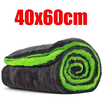 zero2cart large microfiber car drying towel in grey and neon green with a thick double-layer absorbent texture