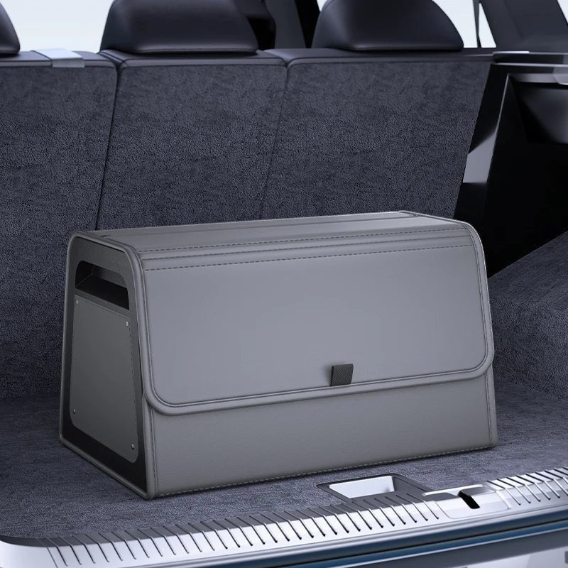 zero2cart grey PU leather magnetic car trunk organizer with a reinforced frame placed in a vehicle cargo area