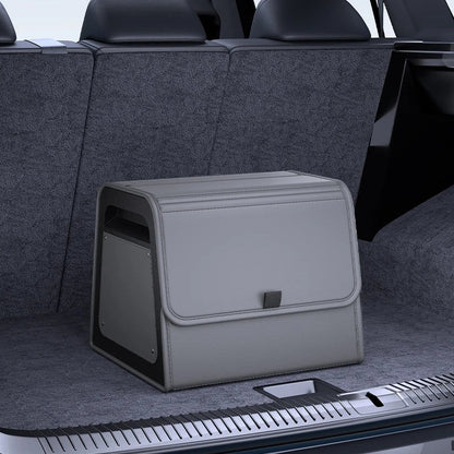 zero2cart grey PU leather car trunk organizer with magnetic closure and reinforced frame sitting in a vehicle trunk