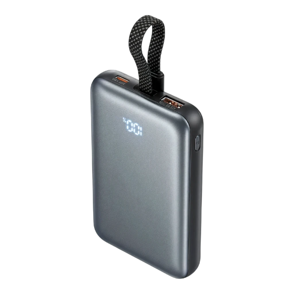 zero2cart 10000mAh magnetic wireless power bank in grey with a digital battery display and carrying strap