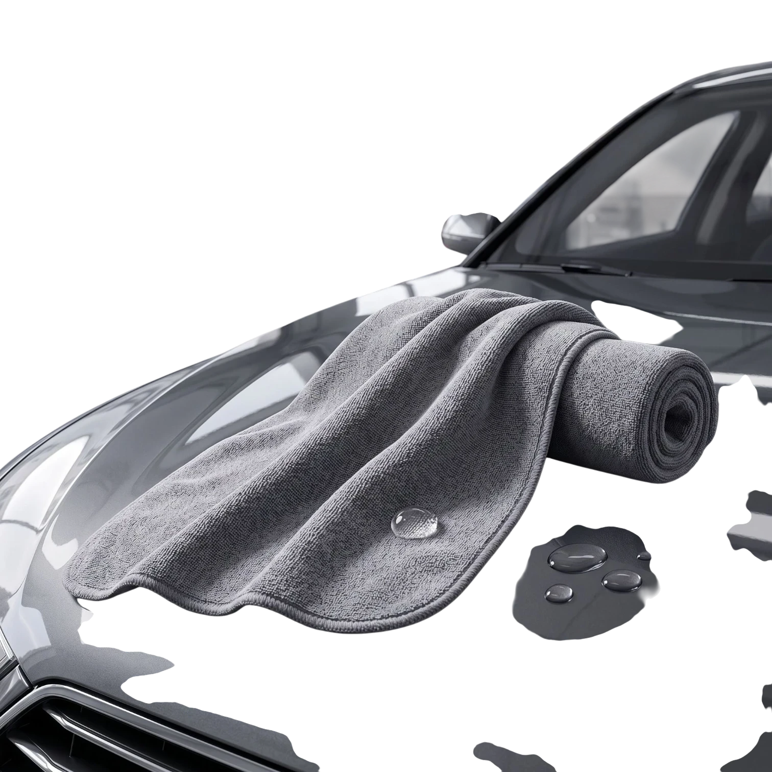 zero2cart grey microfiber car drying towel resting on a wet car hood with water droplets