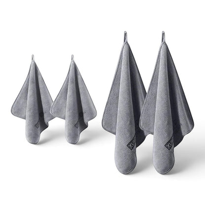 zero2cart set of four grey microfiber towels with hanging loops for kitchen, bathroom, or car cleaning