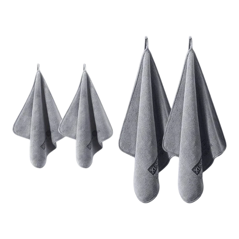 zero2cart set of four grey microfiber towels with hanging loops for kitchen, bathroom, or car cleaning