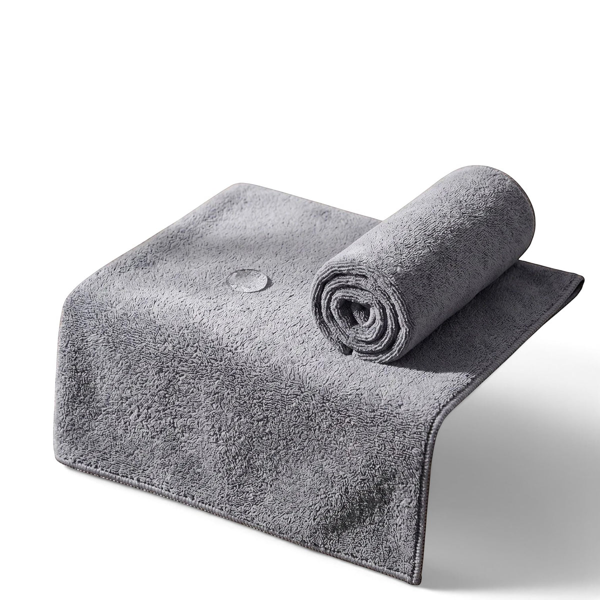 zero2cart grey microfiber car drying towel with a soft, absorbent texture, shown folded and rolled.