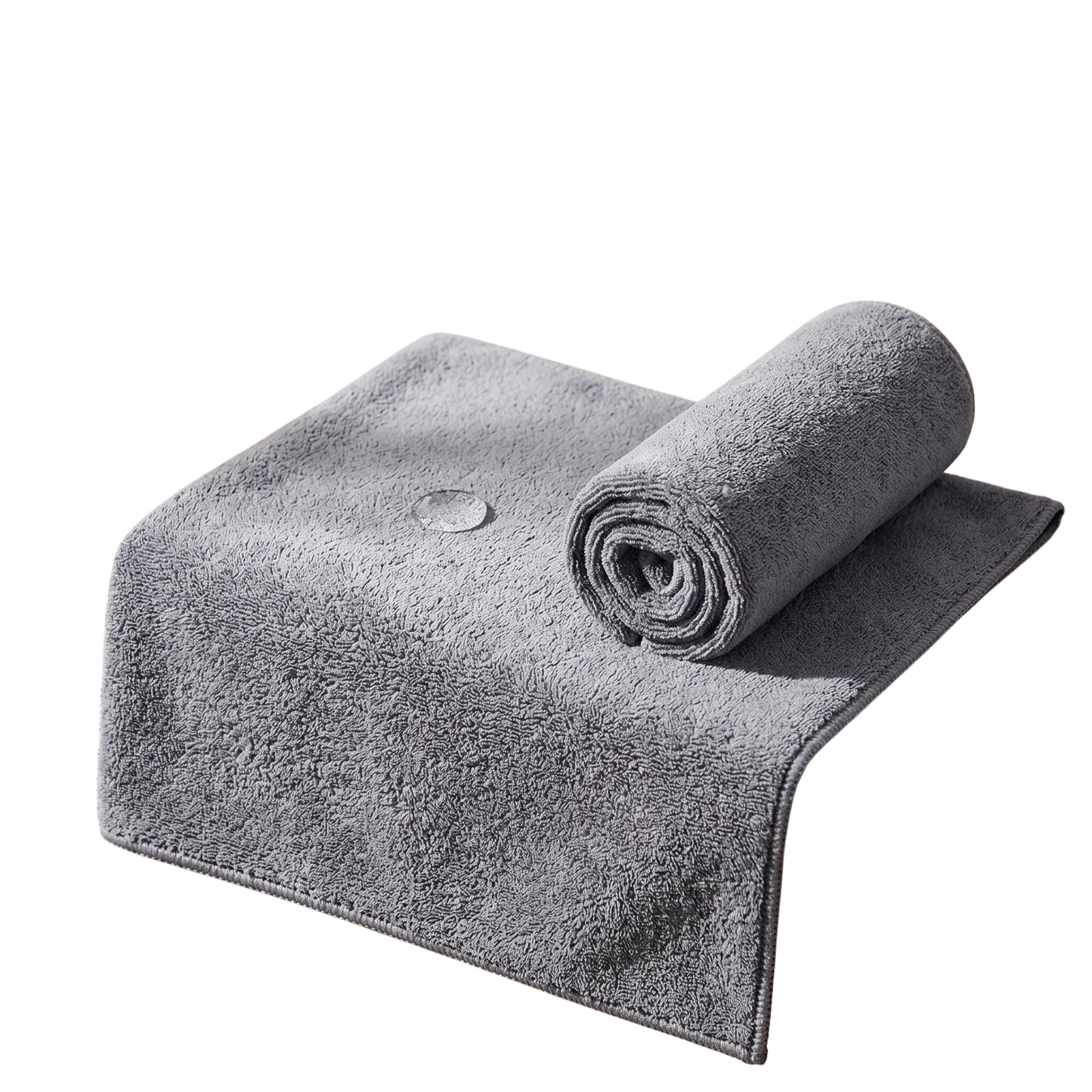 zero2cart grey microfiber car drying towel with a soft, absorbent texture, shown folded and rolled.