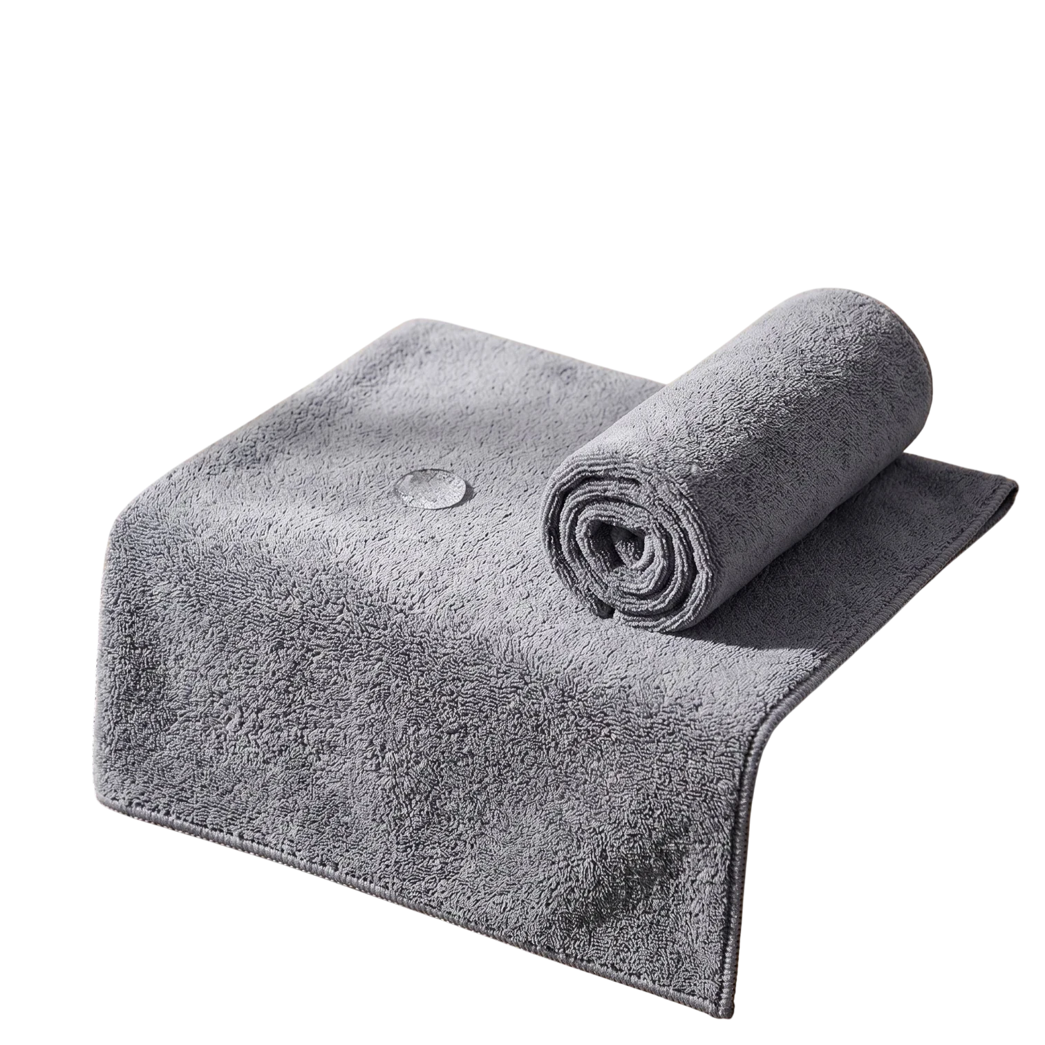 zero2cart grey microfiber car drying towel with a soft, absorbent texture, shown folded and rolled.