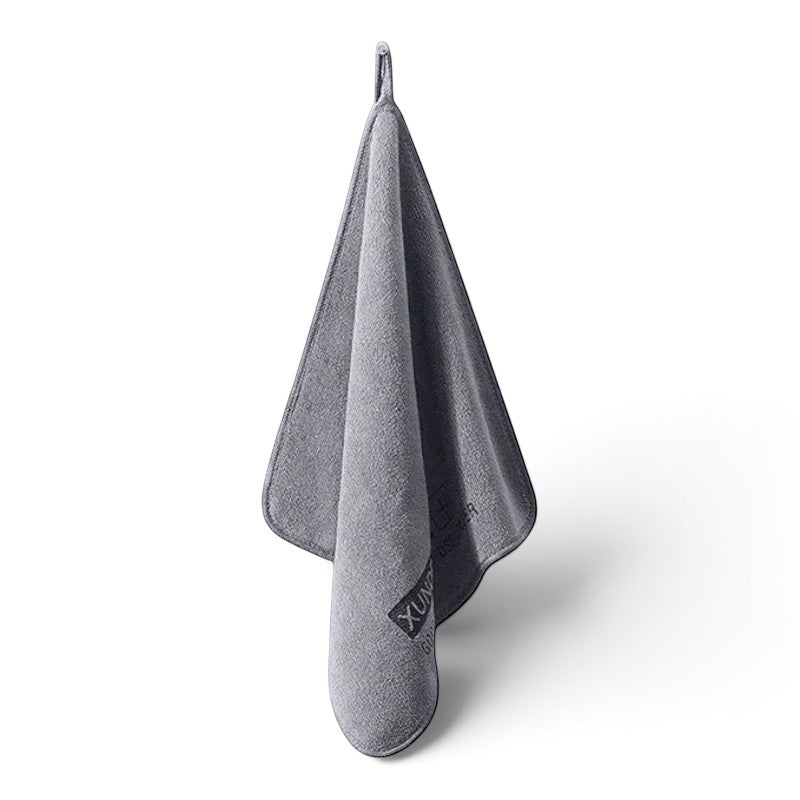 zero2cart grey microfiber towel hanging by a loop, ideal for car drying, kitchen, or gym use.