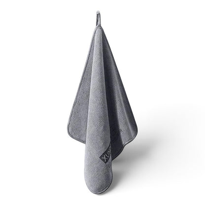 zero2cart grey microfiber towel hanging by a loop, ideal for car drying, kitchen, or gym use.