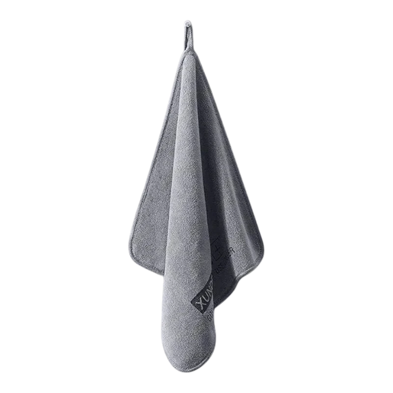 zero2cart grey microfiber towel hanging by a loop, ideal for car drying, kitchen, or gym use.