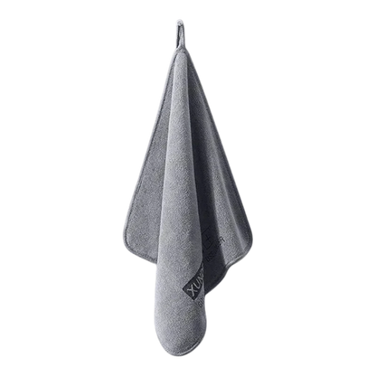 zero2cart grey microfiber towel hanging by a loop, ideal for car drying, kitchen, or gym use.