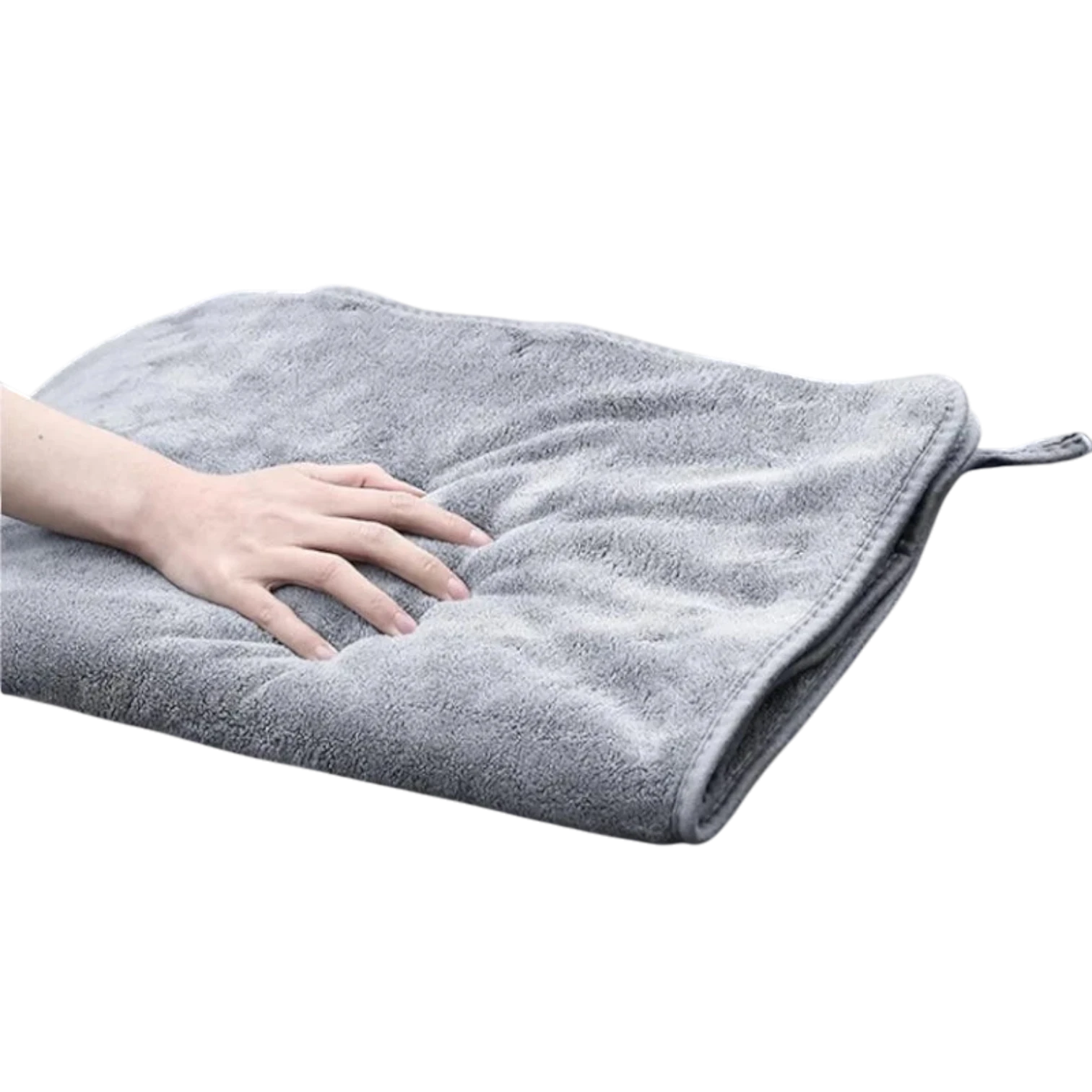 zero2cart grey microfiber car drying towel with soft plush texture being pressed by a hand